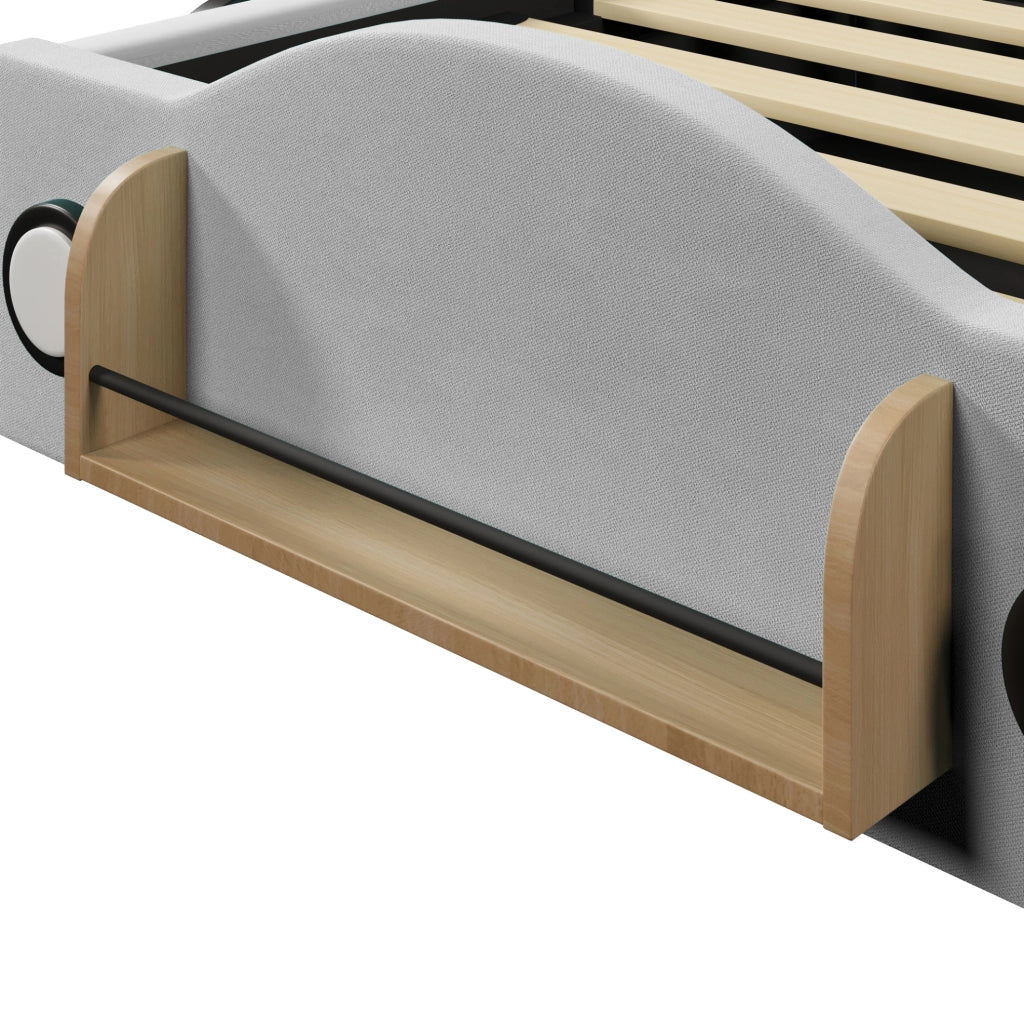 Letto imbottito 90 × 200 cm con contenitore idraulico; flanella grigia e tasche laterali
