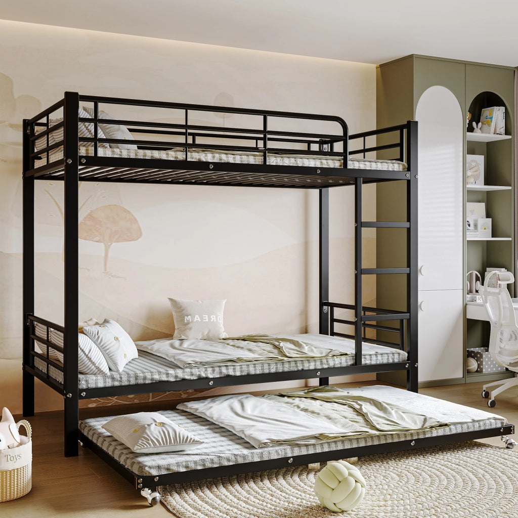 Letto a castello con letto estraibile in metallo nero 90 × 200 cm e 90 × 190 cm con scala a tre gradini