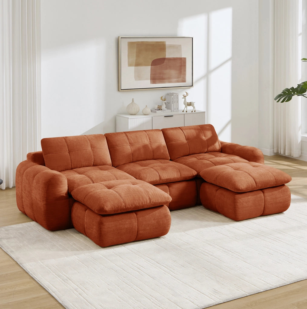 Divano modulare a U 264x160x68 cm in ciniglia arancione, 3 posti con 2 pouf