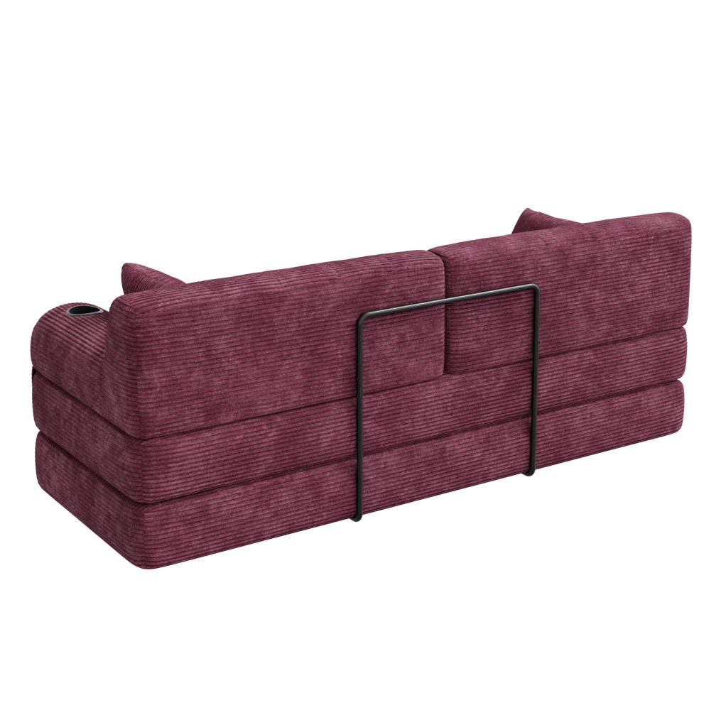 Divano letto 208x80x81 cm velluto a coste bordeaux con tasche laterali