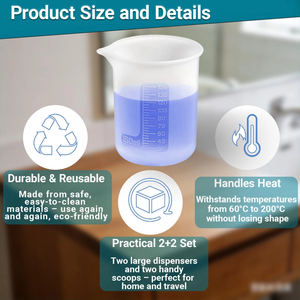 Misurino in silicone da 150 ml + cucchiaino dosatore da 50 ml, set da 4 pezzi