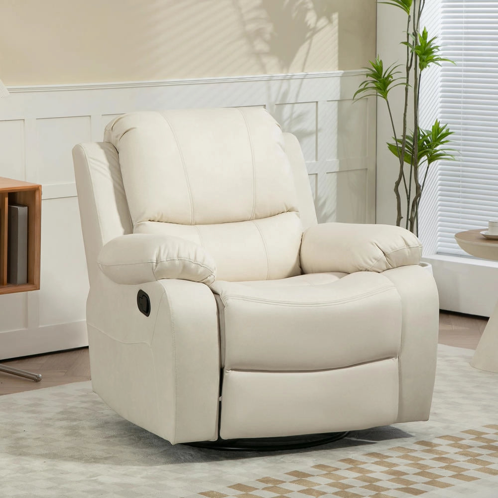 Poltrona relax reclinabile girevole con poggiapiedi e struttura in acciaio, per soggiorno, 93x100x98 cm, bianco crema