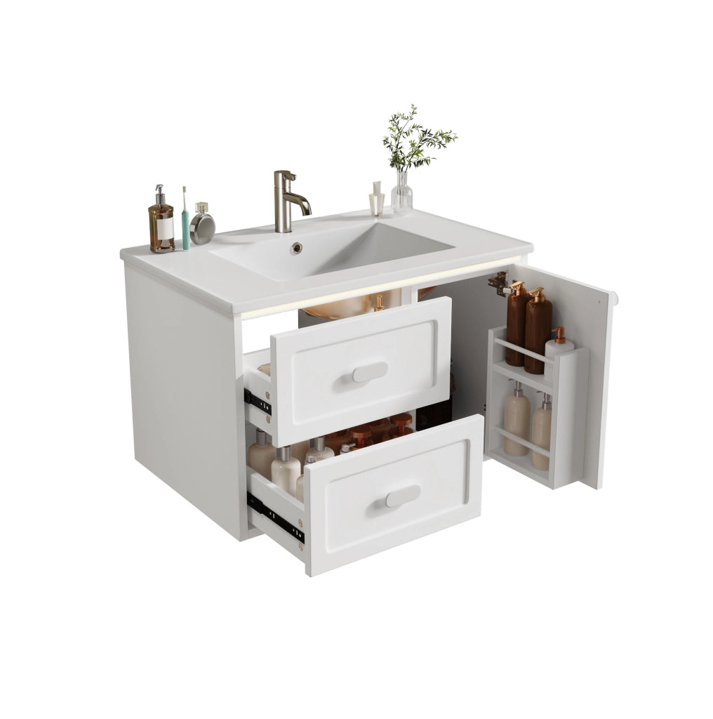 Mobile bagno sospeso bianco 76x46x51 cm con lavabo in ceramica integrato e illuminazione LED a sensore radar
