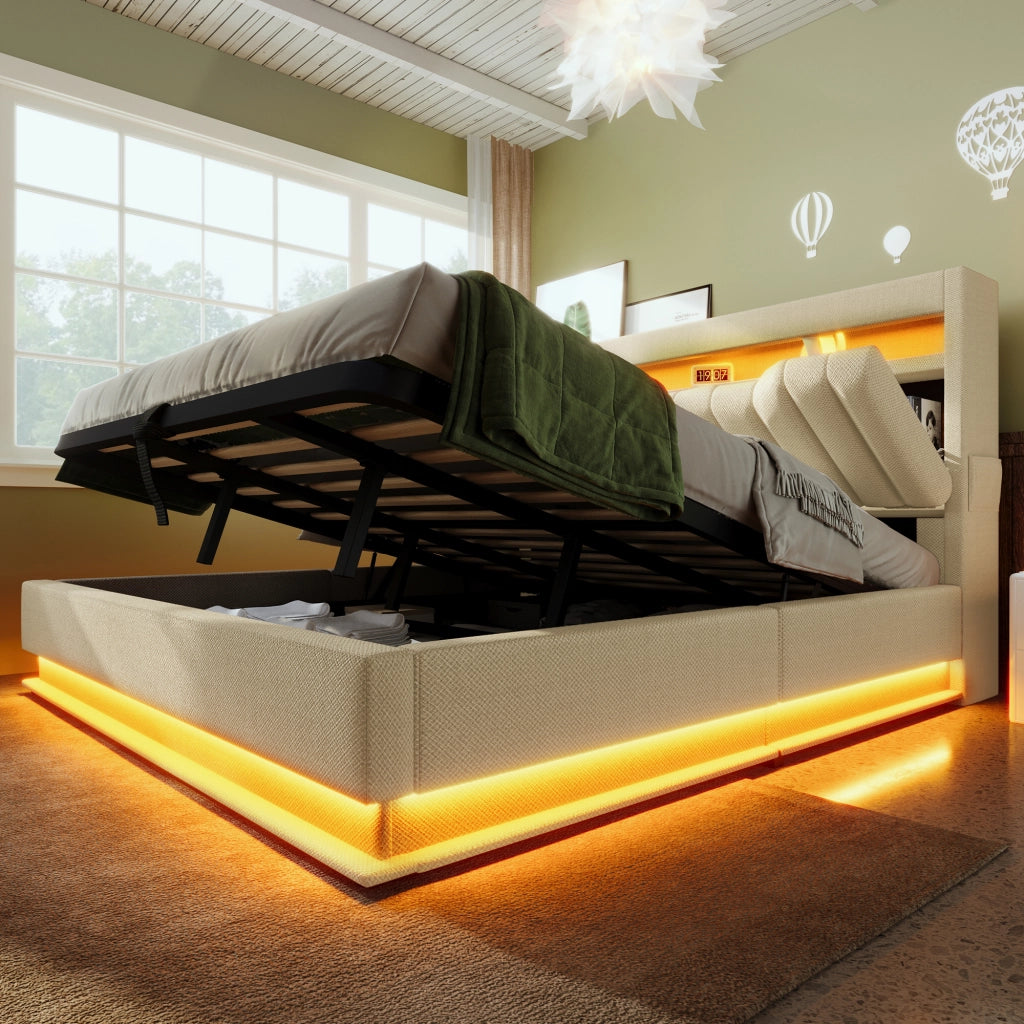 Letto contenitore 180 × 200 cm con testiera in lino USB Type-C LED ripiano e vano idraulico beige