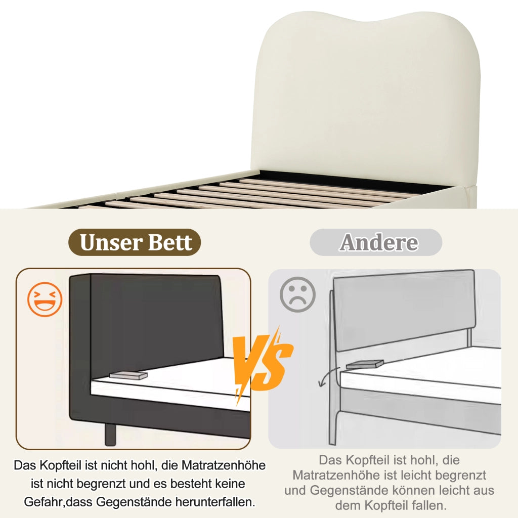 Letto per bambini imbottito in velluto beige con vano contenitore idraulico e rete a doghe inclusa