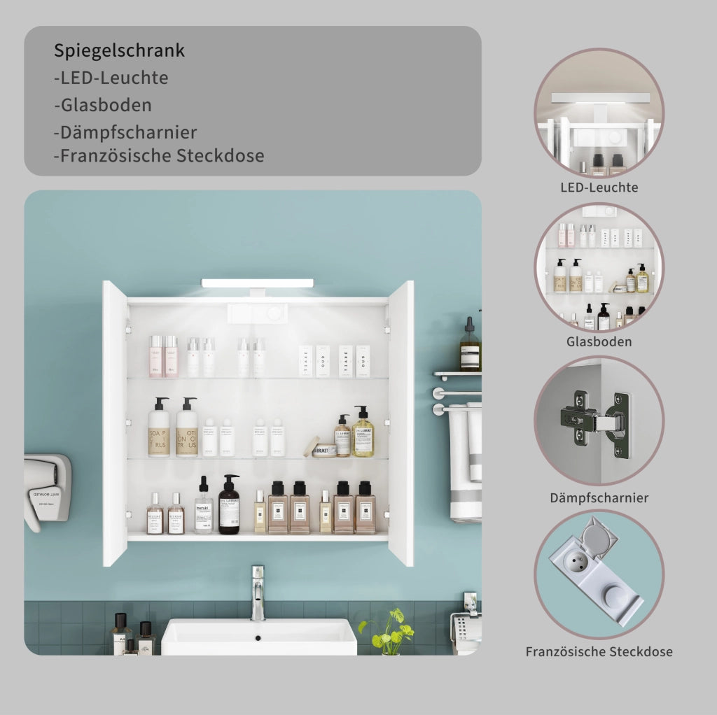 Mobiletto bagno a specchio bianco 80 cm con 2 ante, illuminazione LED e presa francese, mensole in vetro regolabili, cerniere ammortizzate, montaggio a parete