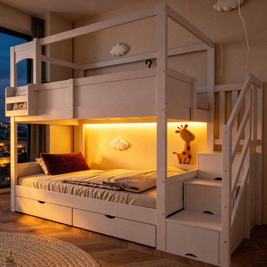 Letto contenitore per bambini 90x200 cm con scala e rete a doghe in legno bianco per cameretta, senza materasso