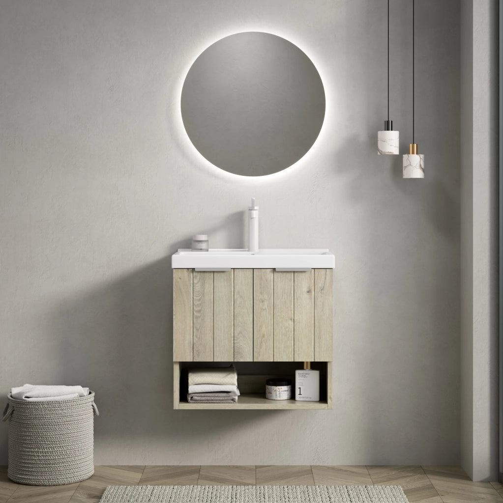 Mobile bagno sospeso con lavabo integrato in ceramica e doppia anta; bianco