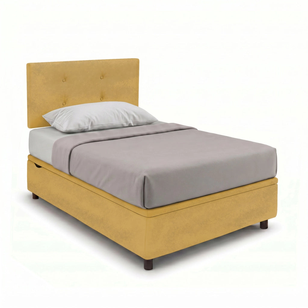 Letto Singolo Contenitore Imbottito 80x200 cm Microfibra Ocra BoxMax Testata Button