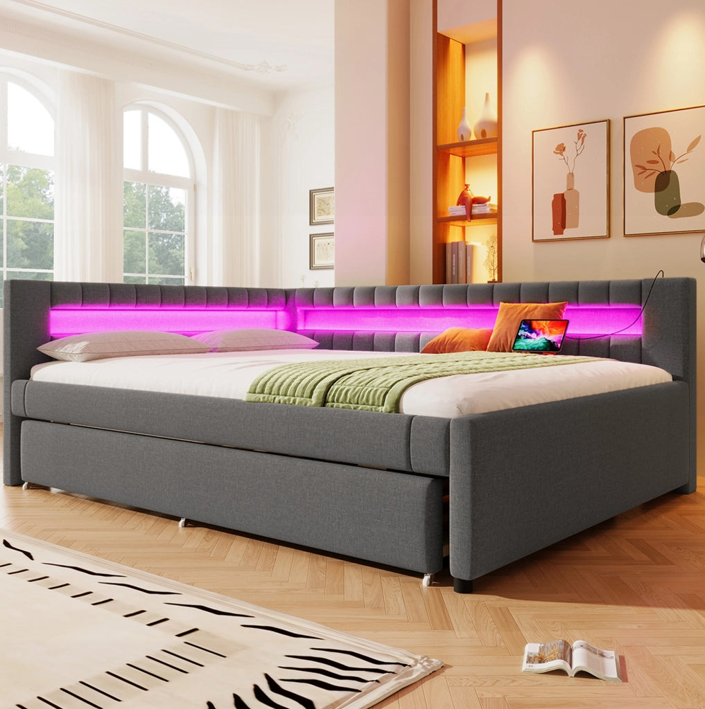 Letto Daybed con letto estraibile 140x200 cm in lino grigio con striscia LED, USB e TYPE-C