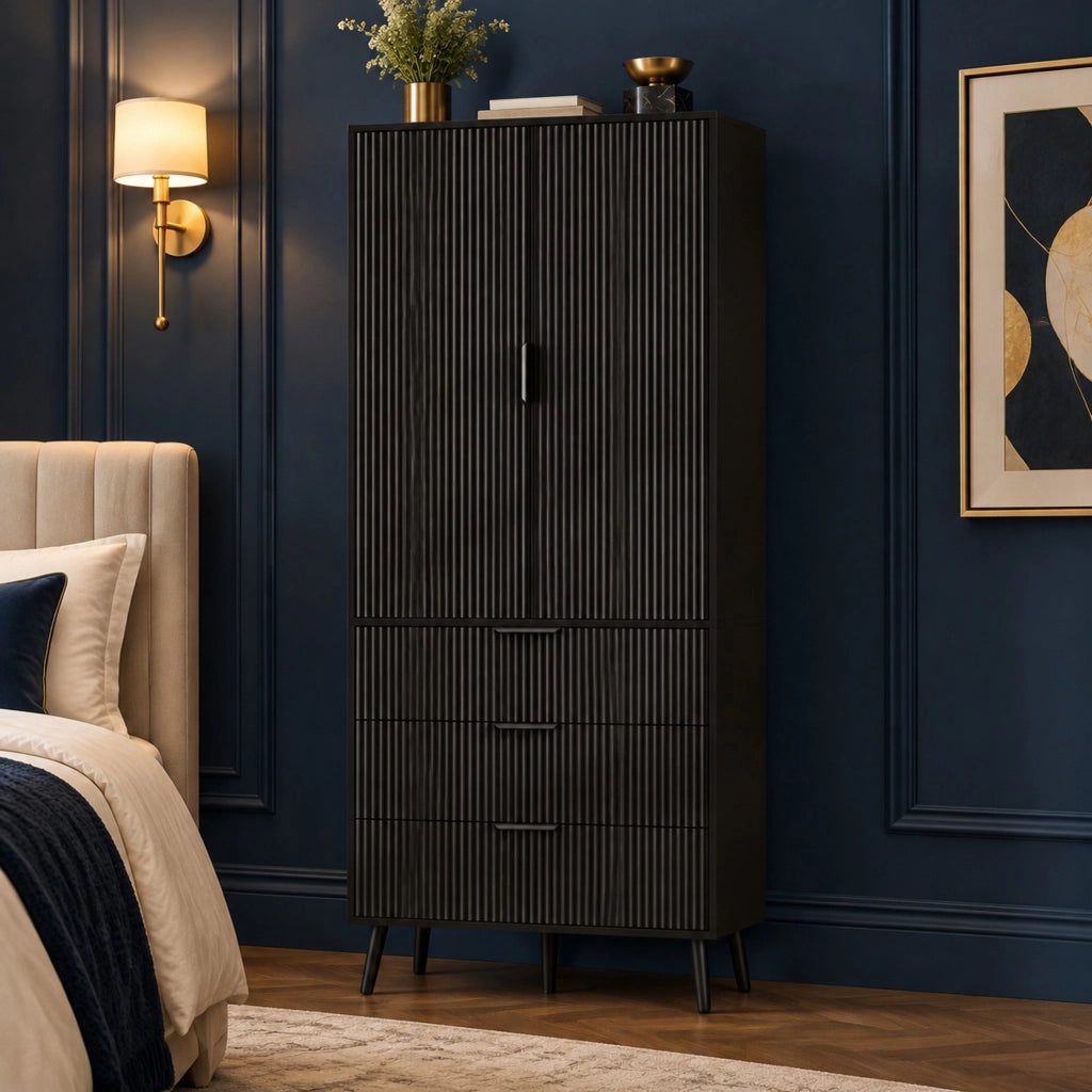 Armadio alto in MDF nero con 2 ante e 3 cassetti, 75 x 35 x 180 cm