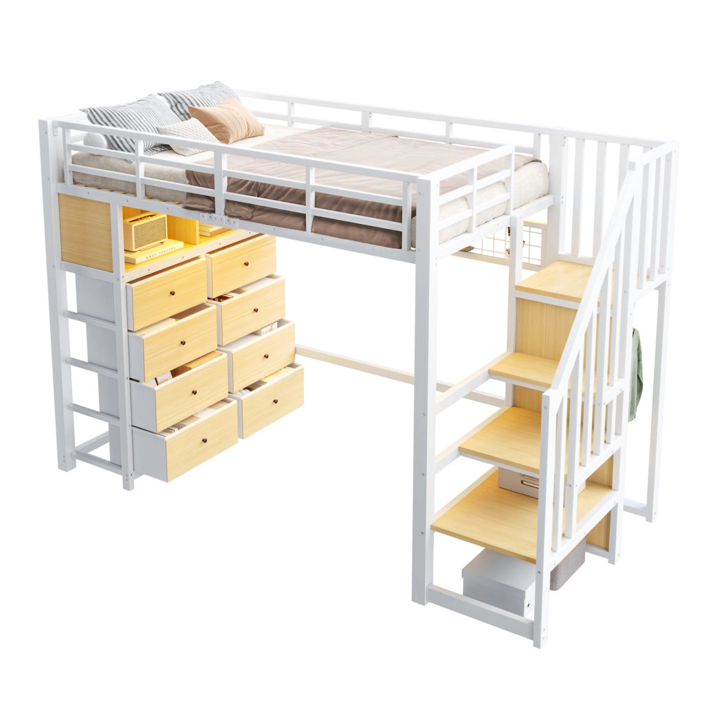 Letto a soppalco bianco 90 x 200 cm con 8 cassetti, scaffali e illuminazione