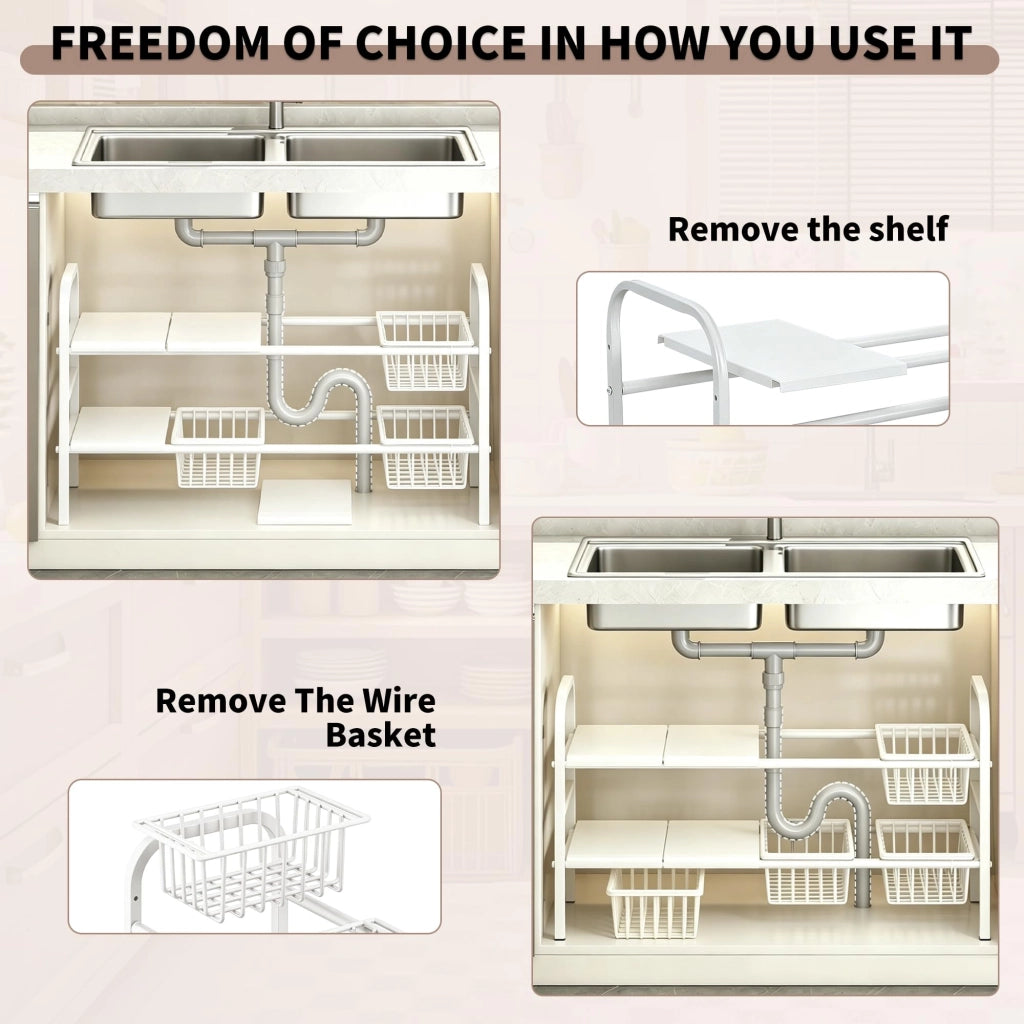 Organizzatore per armadietti da cucina, a 2 livelli, bianco, con 4 ripiani e 4 cesti