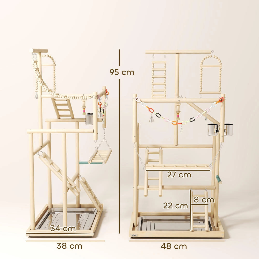 Set Posapiume per Uccelli, 4 Livelli, Legno Naturale e Acciaio Inox, con Scale, Altalene e Giocattoli, Robusto e Facile da Montare
