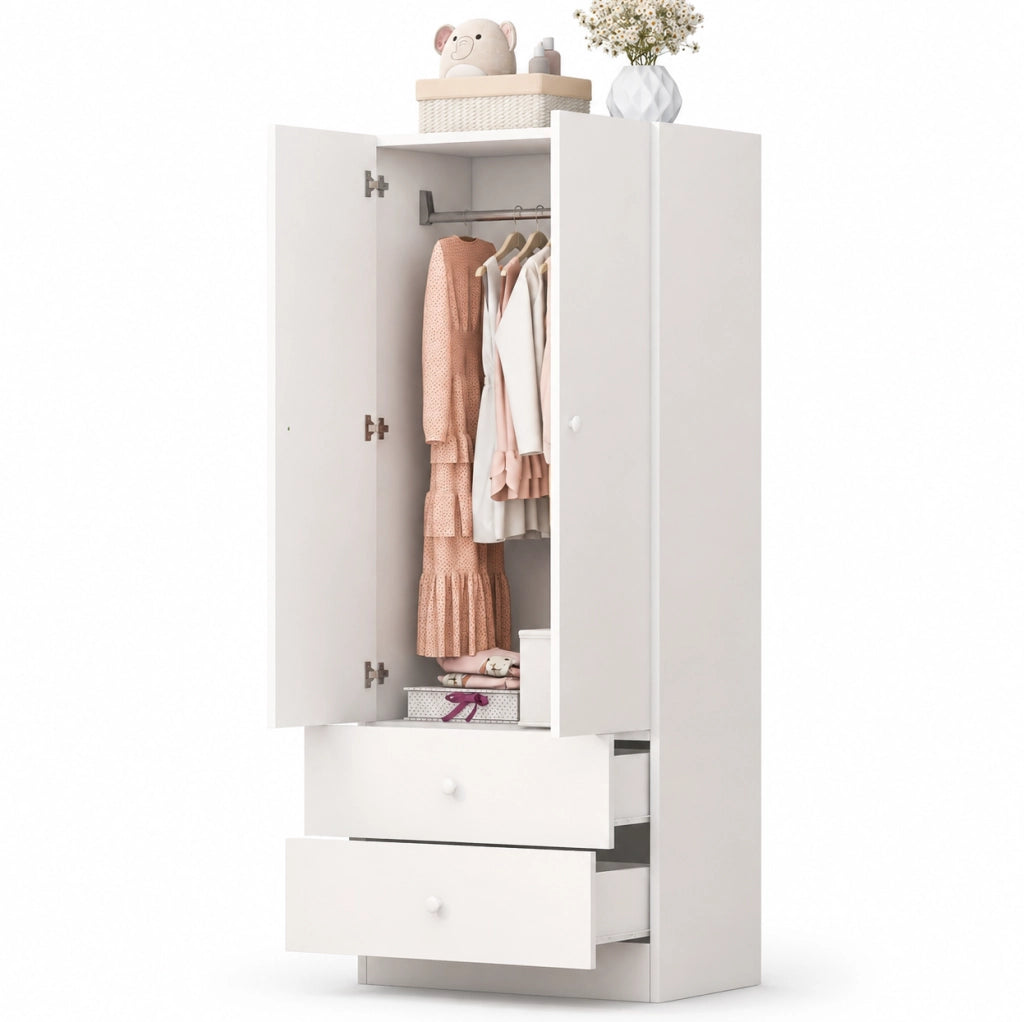 Armadio bianco e rosa con due cassetti, 70 x 40 x 170 cm
