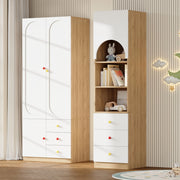 Armadio a 2 ante e scaffale con cassetti, bianco e color legno