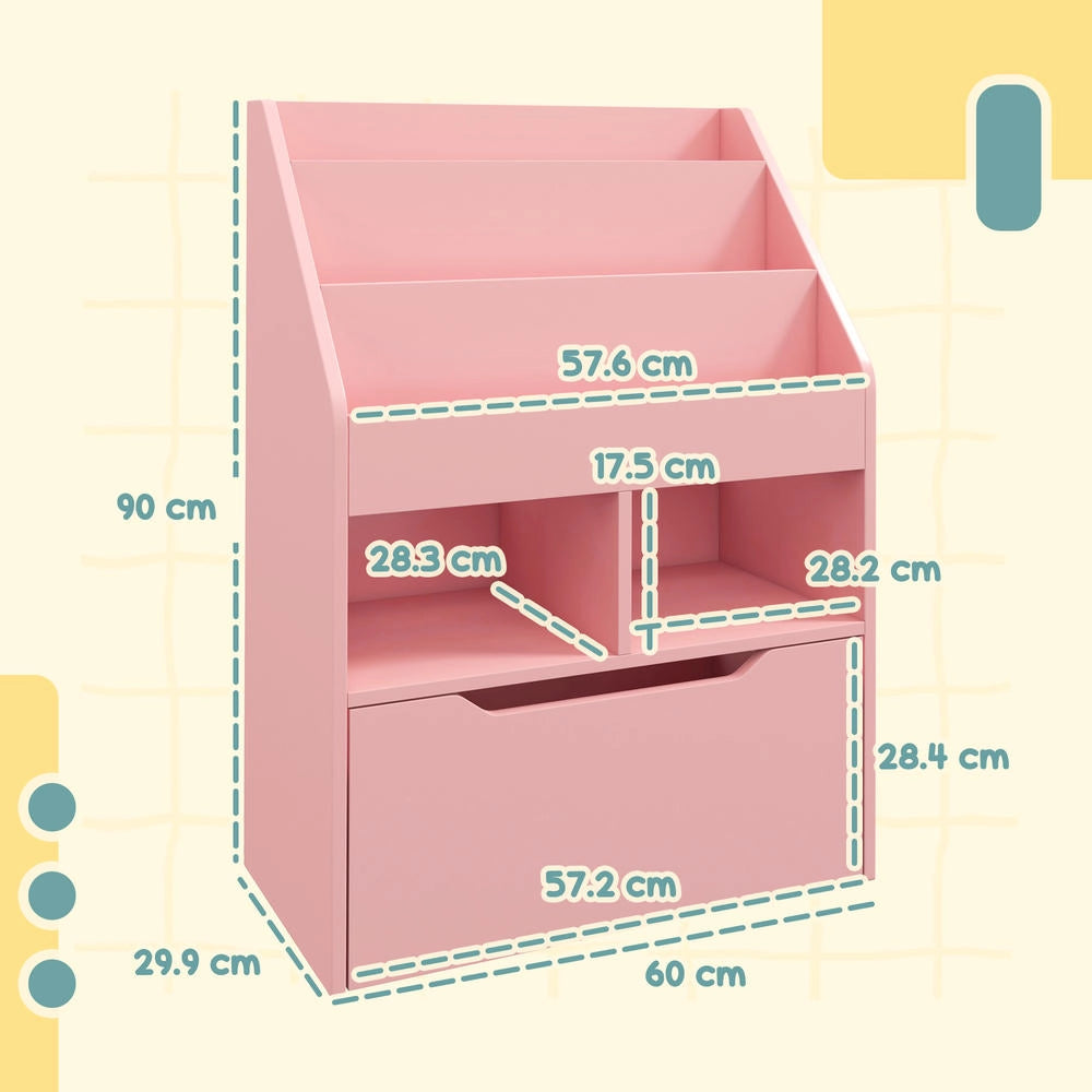 Piccola libreria per bambini in MDF, colore rosa, 60x29.9x90cm con ripiani, cassetto, design salvaspazio per cameretta