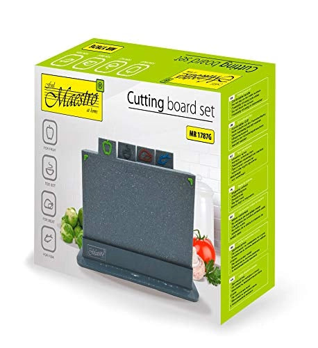 Taglieri, set da 4, in marmo e plastica, grigi, con supporto