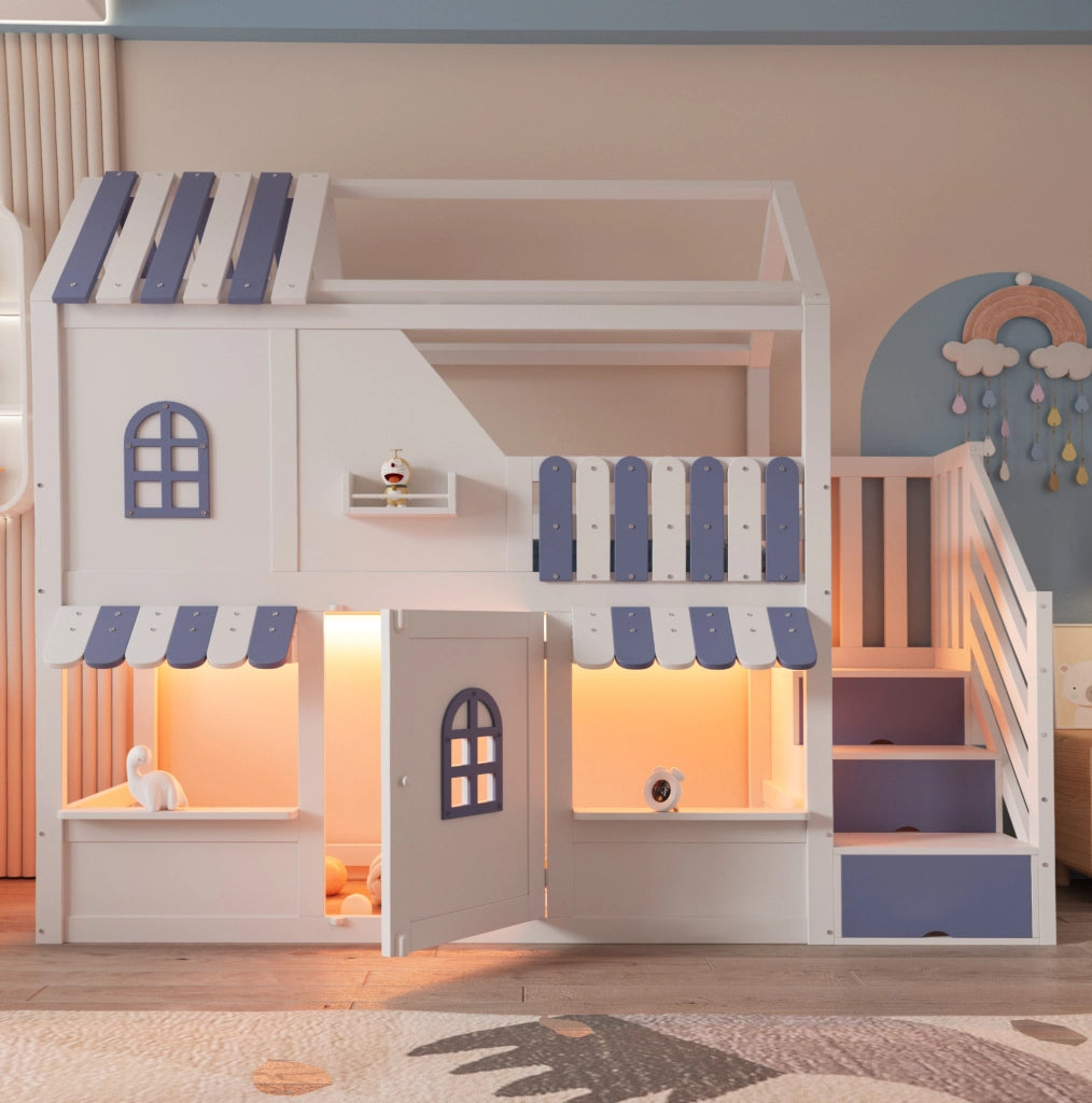 Letto a castello per bambini 90x200 cm con LED; ripiani e scala contenitore; bianco e blu