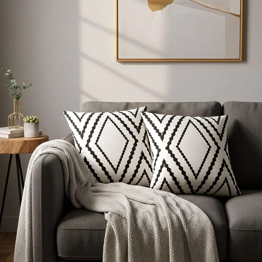 Coperte per cuscini, 45x45 cm, set da 2, bianco e nero, motivo geometrico