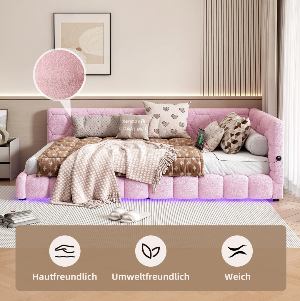 Letto singolo 90x200 cm con LED a 16 colori; USB e USB-C; struttura in MDF; rosa