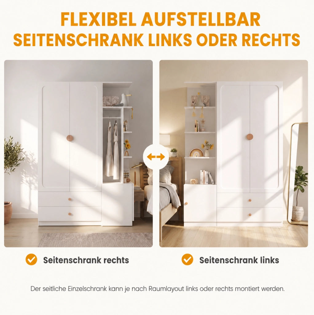 Armadio guardaroba 135x45x200 cm con 2 cassetti e 2 appendiabiti in MDF; bianco