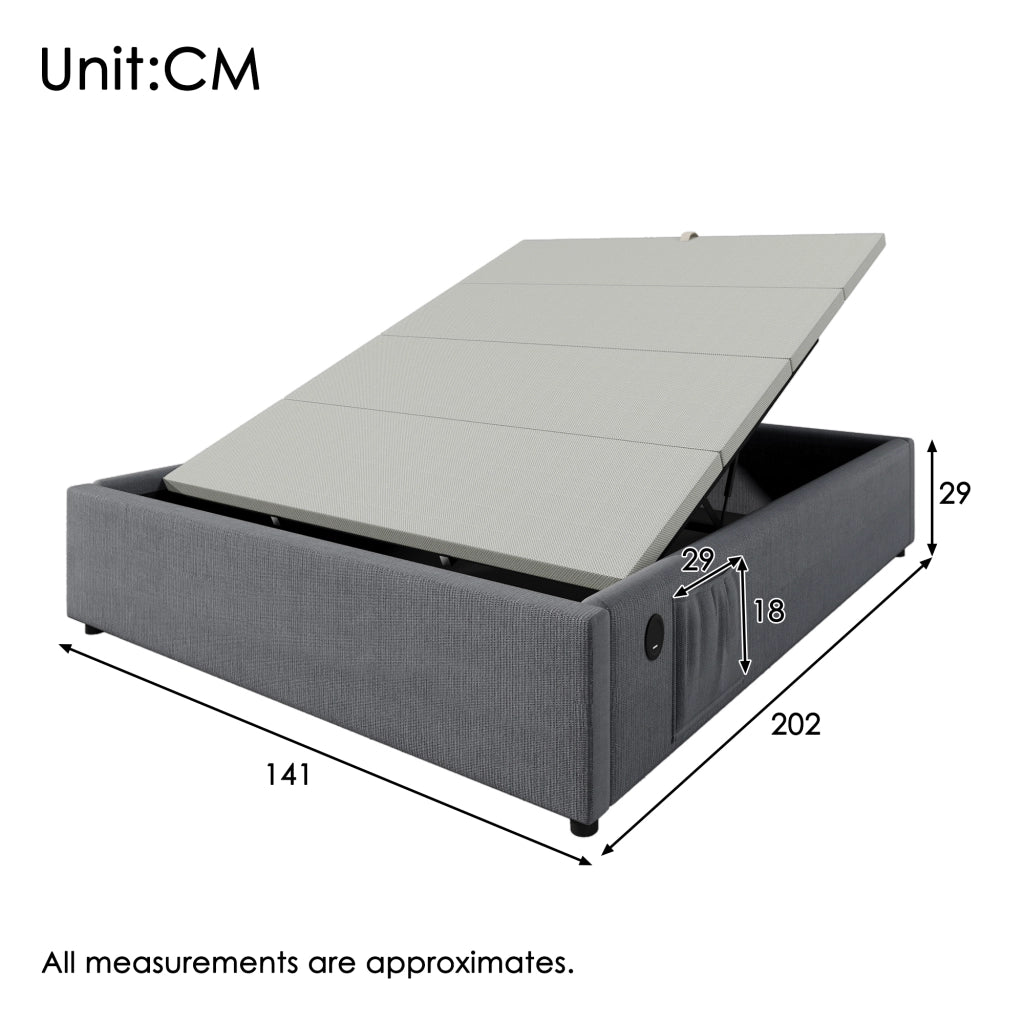 Letto contenitore 90 ¡Á 200 cm con ricarica USB e Type-C base continua in legno rivestito in lino naturale