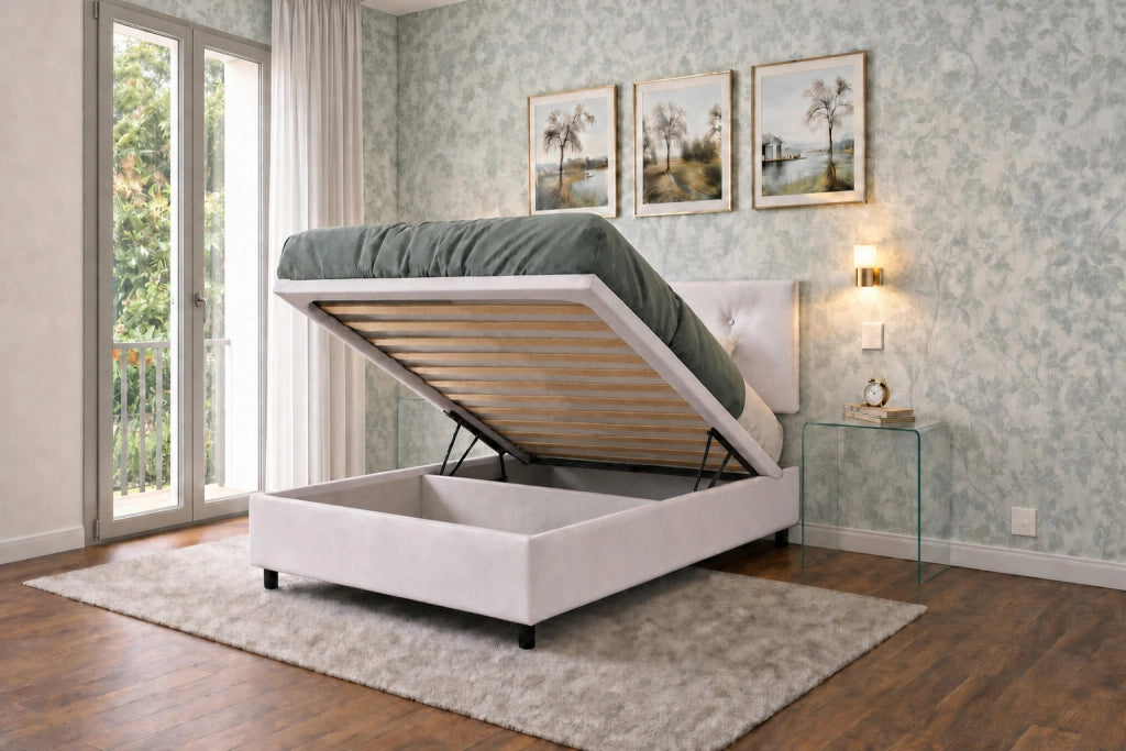Letto Singolo Contenitore Imbottito 80x190 cm Similpelle Bianco BoxMax Testata Button