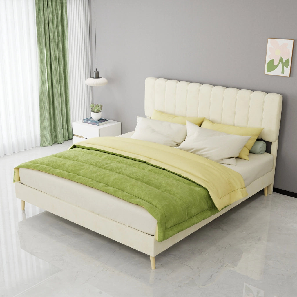 Letto matrimoniale 160x200 cm imbottito in tessuto e metallo; beige