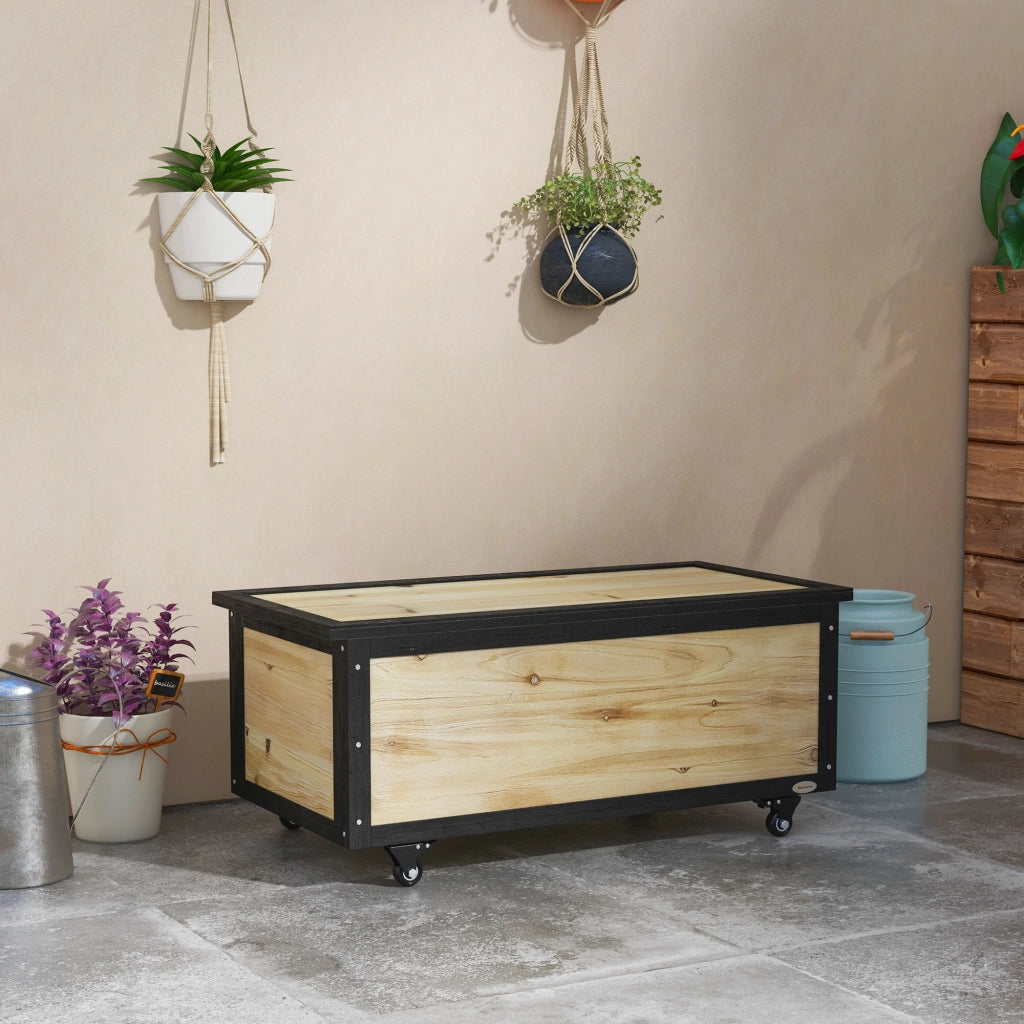 Baule da esterno in legno naturale da 121 litri con coperchio e due ruote per attrezzi da giardino e cuscini