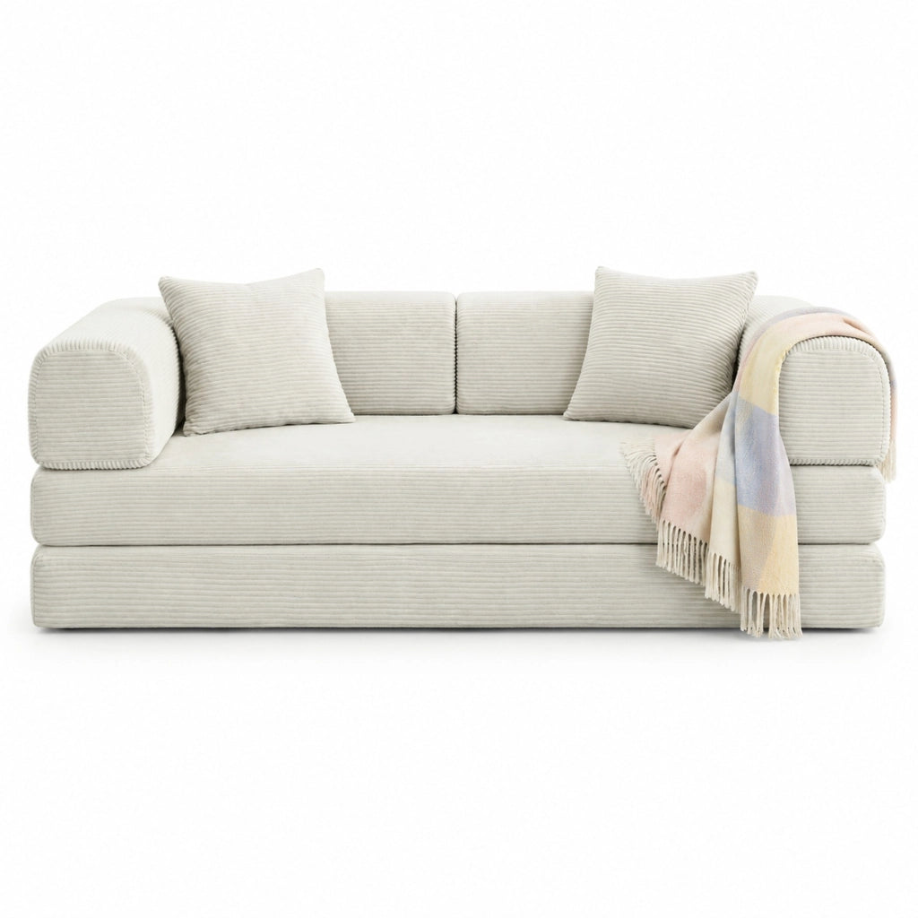 Divano letto pieghevole beige in schiuma con rivestimento in velluto a coste