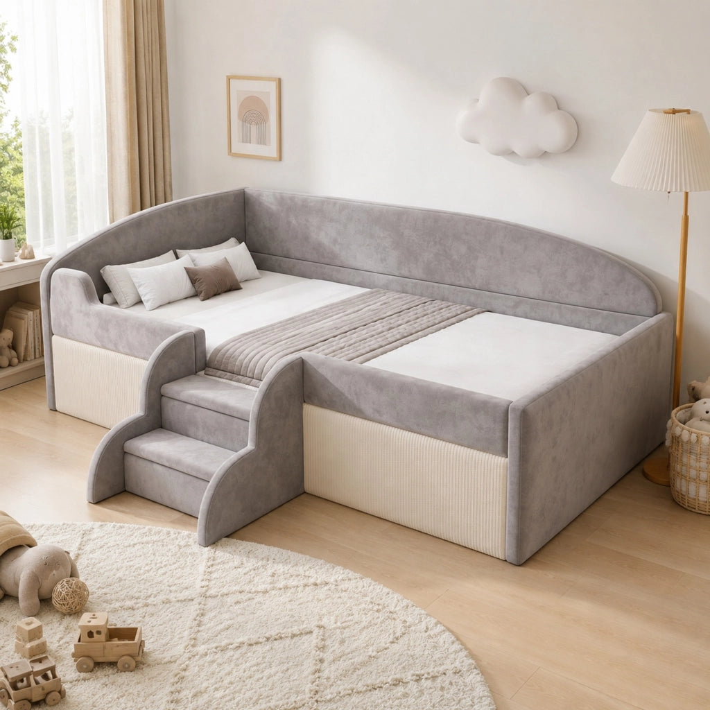 Letto per bambini imbottito 90 x 190 cm con gradini e sponde, grigio
