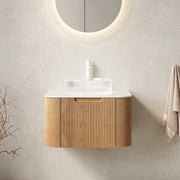 Mobile lavabo sospeso 61 cm in legno naturale, lavabo in vetro trasparente, bianco
