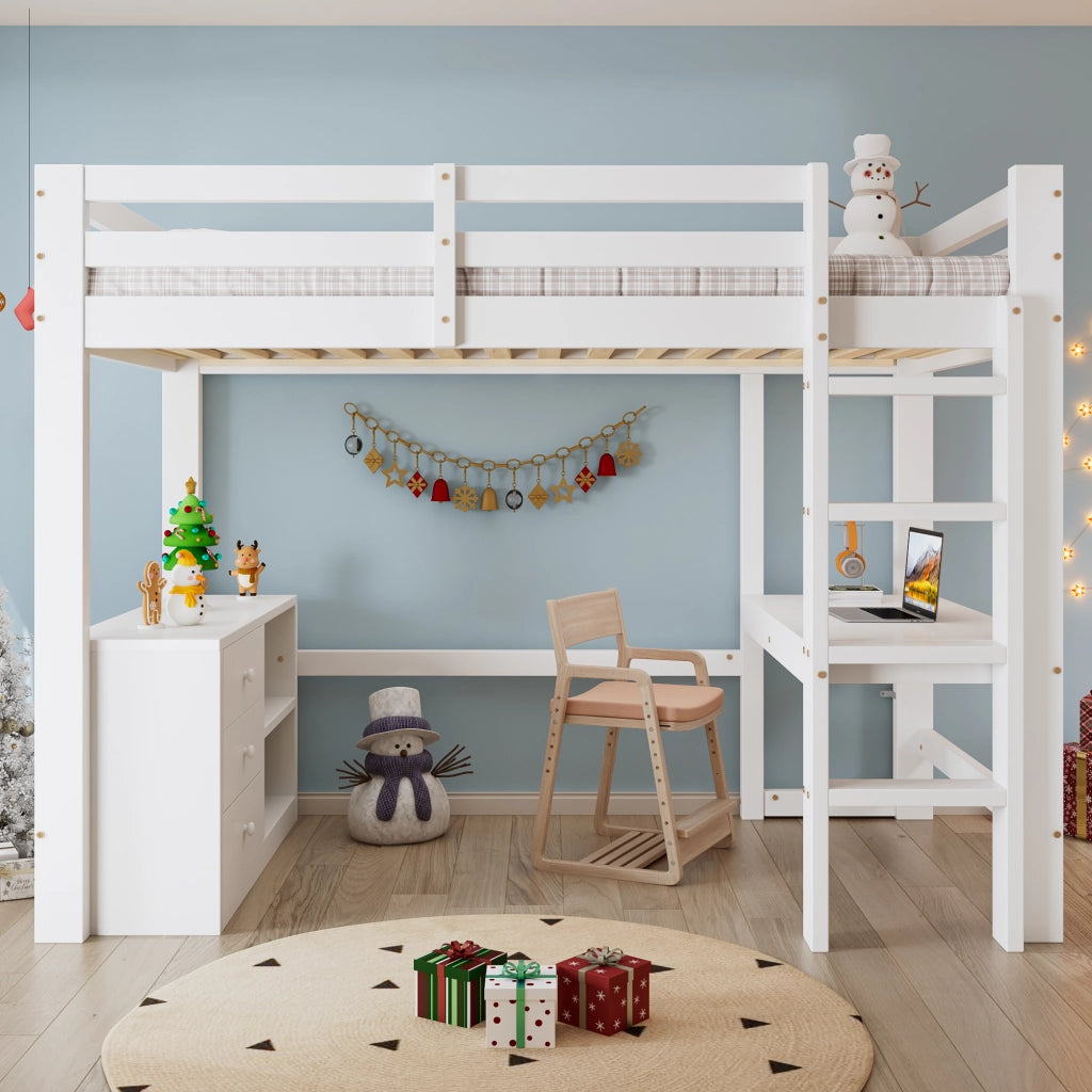 Letto a soppalco per bambini 90 × 200 cm con scrivania cassetti scaffale rete a doghe in legno bianco
