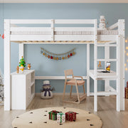 Letto a soppalco per bambini 90 × 200 cm con scrivania cassetti scaffale rete a doghe in legno bianco