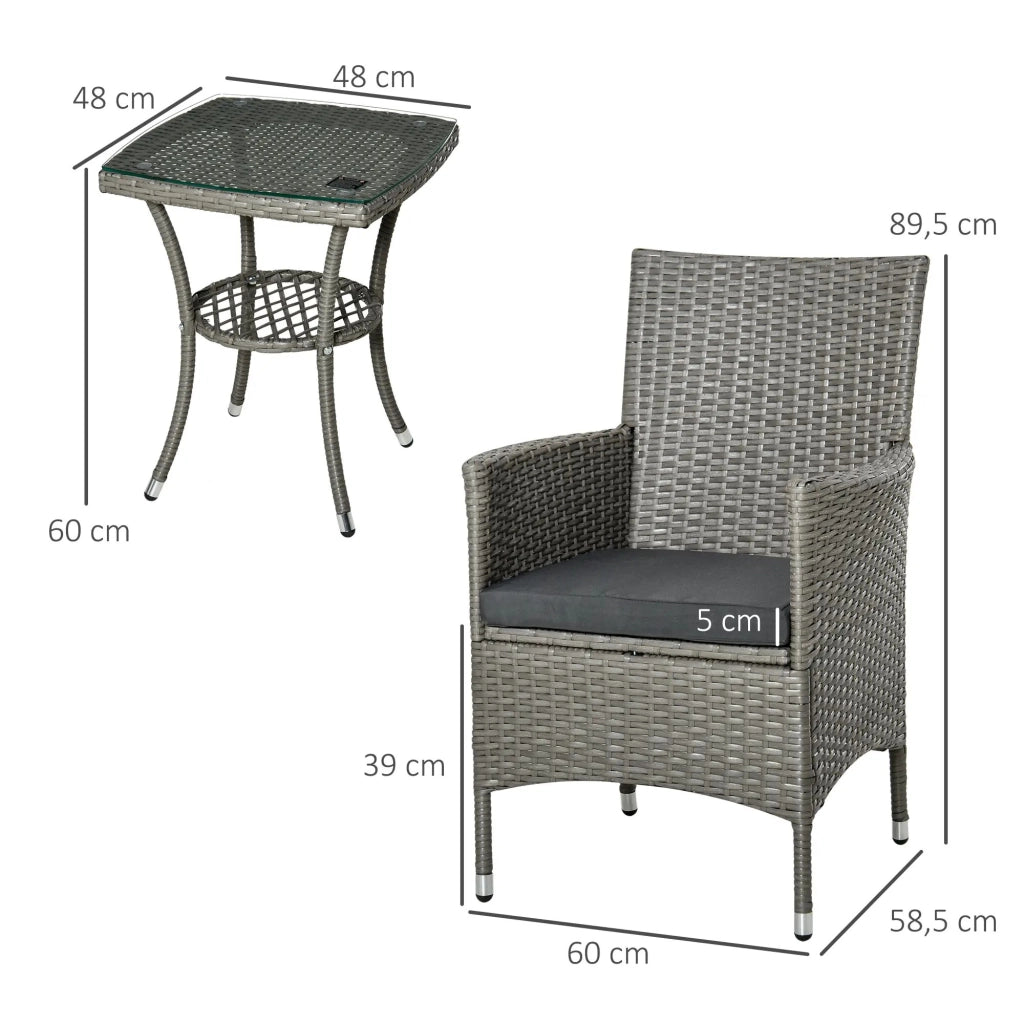 Set da balcone 3 pezzi con tavolino e sedie in rattan grigio con cuscini