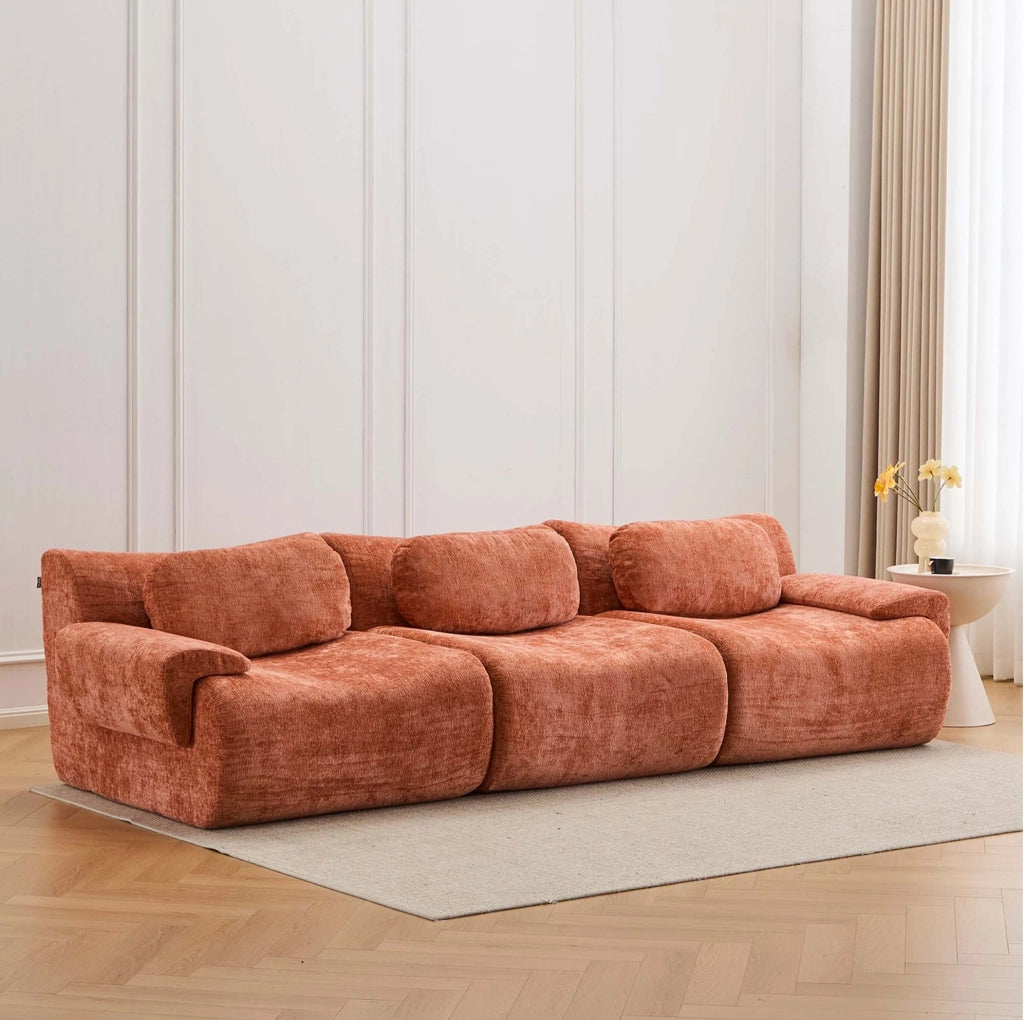 Divano 3 posti 288x101x69 cm in ciniglia arancione; design ondulato