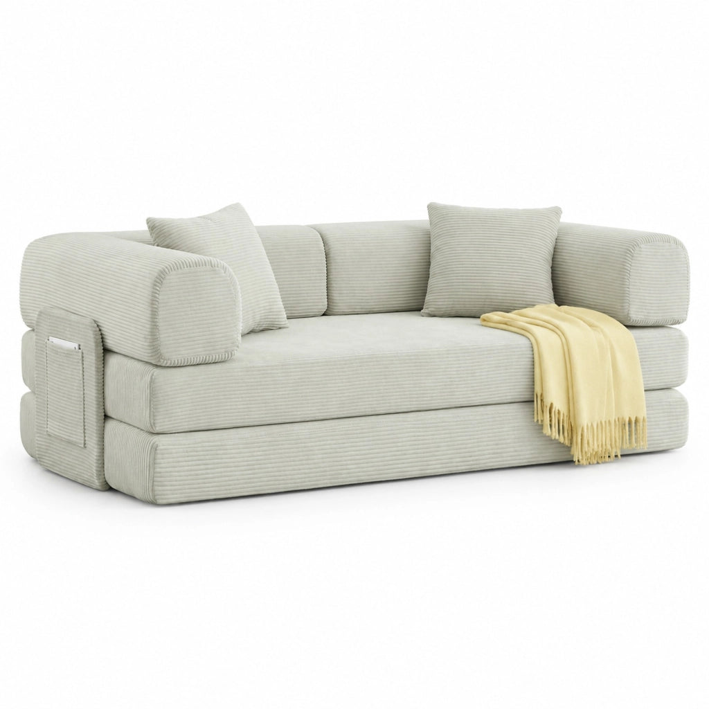 Divano letto pieghevole beige in schiuma con rivestimento in velluto a coste