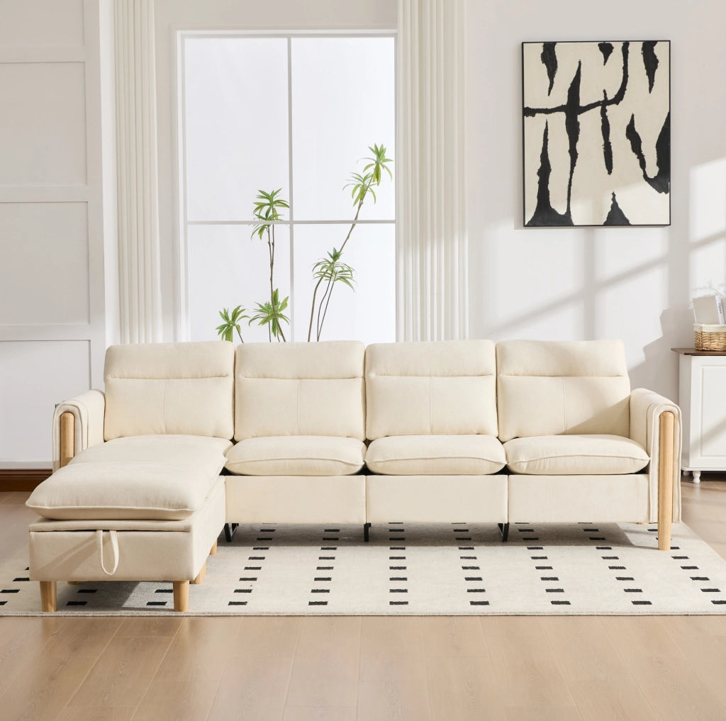 Divano modulare a 4 posti in ciniglia beige con 2 pouf contenitore