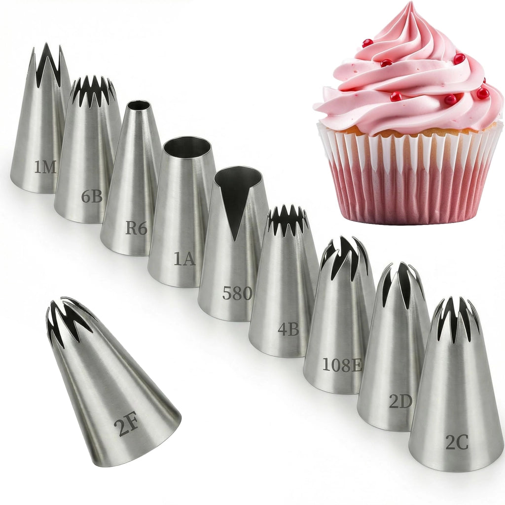 Set di bocchette per decorazioni, composto da 10 pezzi, in acciaio inossidabile, per glassa a crema e cupcakes