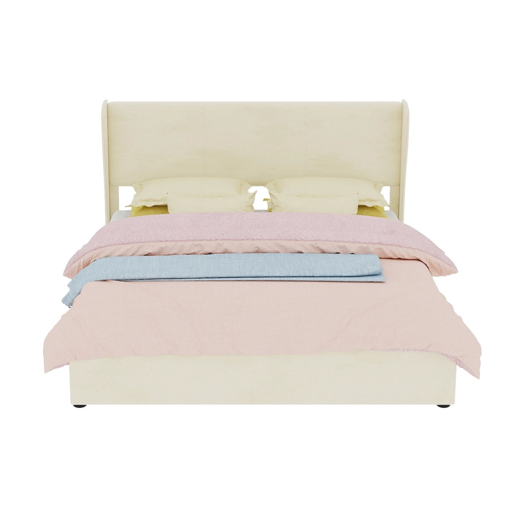 Letto Imbottito Moderno 160x200 cm Beige con Contenitore e Meccanismo a Gas, Testata Morbida e Design Minimalista