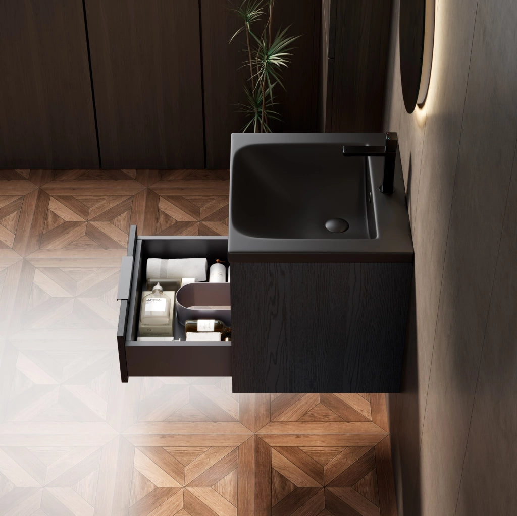 Mobile Lavabo Sospeso con Lavabo Integrato in Ceramica Nero e Rovere Scuro con Cassetto e Ripiano