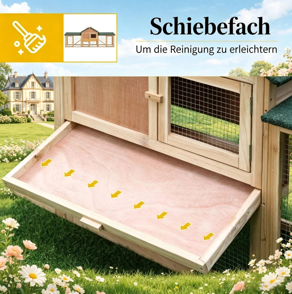 Conigliera da esterno per conigli 210 x 45,5 x 84,5 cm in legno verde, con rampa