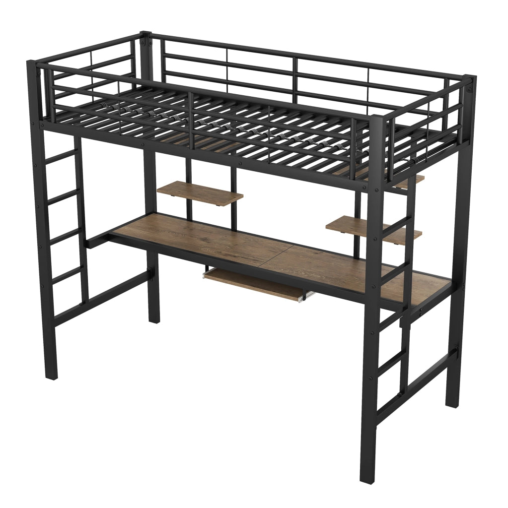 Letto a soppalco in metallo con scrivania e due scaffali, 90x200 cm, nero