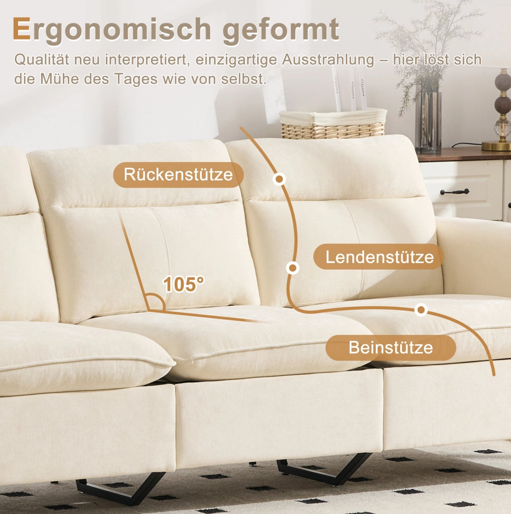 Divano modulare a 4 posti in ciniglia beige con 2 pouf contenitore