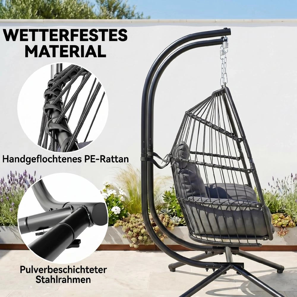Poltrona Sospesa Pieghevole 2 Posti in Polyrattan e Acciaio con Cuscino, Grigio Scuro, Portata 260 kg, per Casa e Giardino