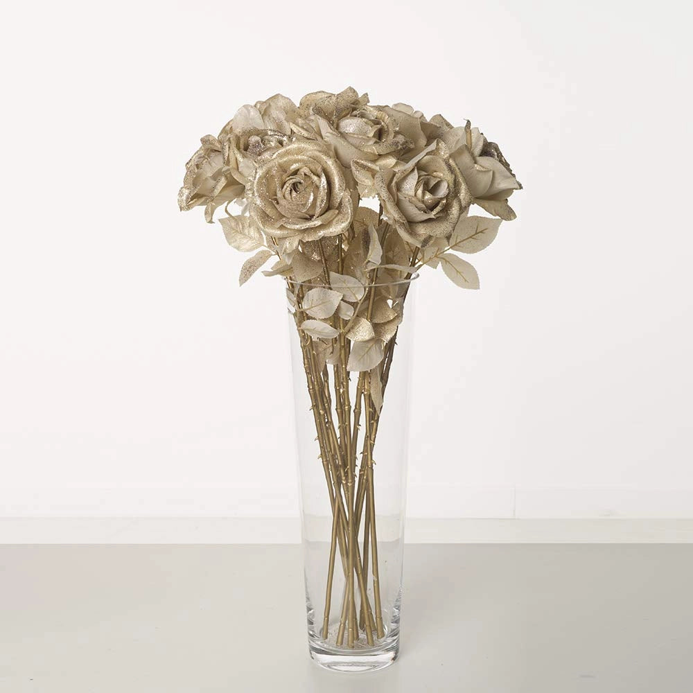 Rosa artificiale con effetto glitter che si illumina al buio, altezza 69 cm, color oro, lavabile