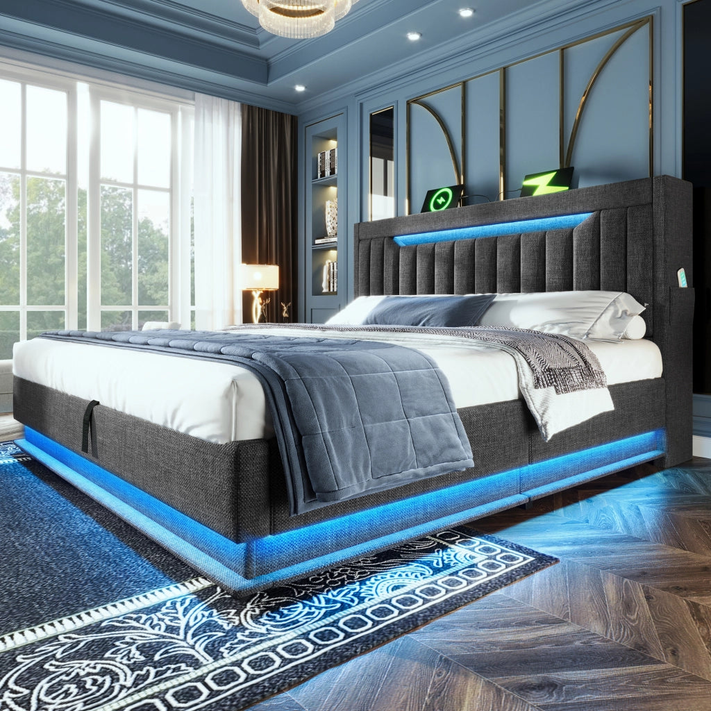 Letto matrimoniale 140x190 cm imbottito grigio con contenitore idraulico