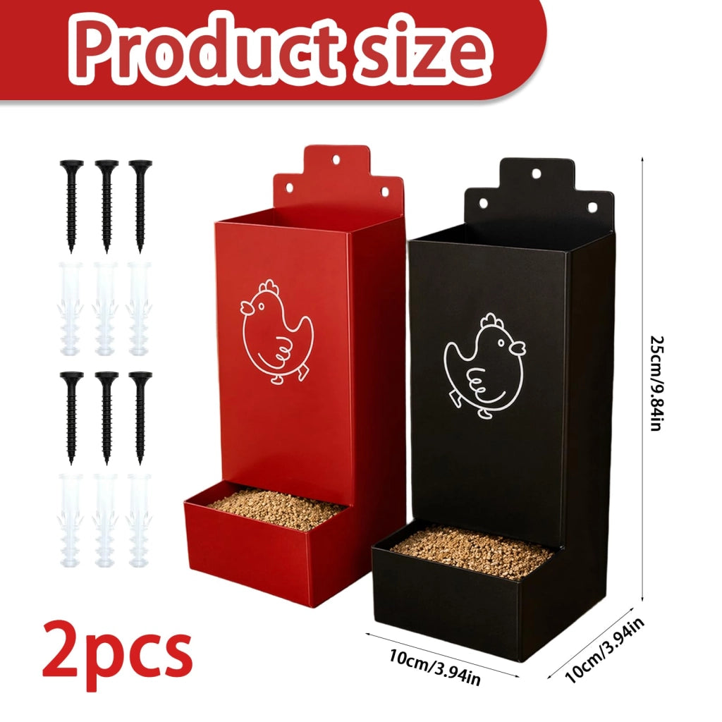 Distributore automatico per mangime per polli, set da 2, in metallo, da montare a parete, dimensioni 25x10x10 cm, colore rosso