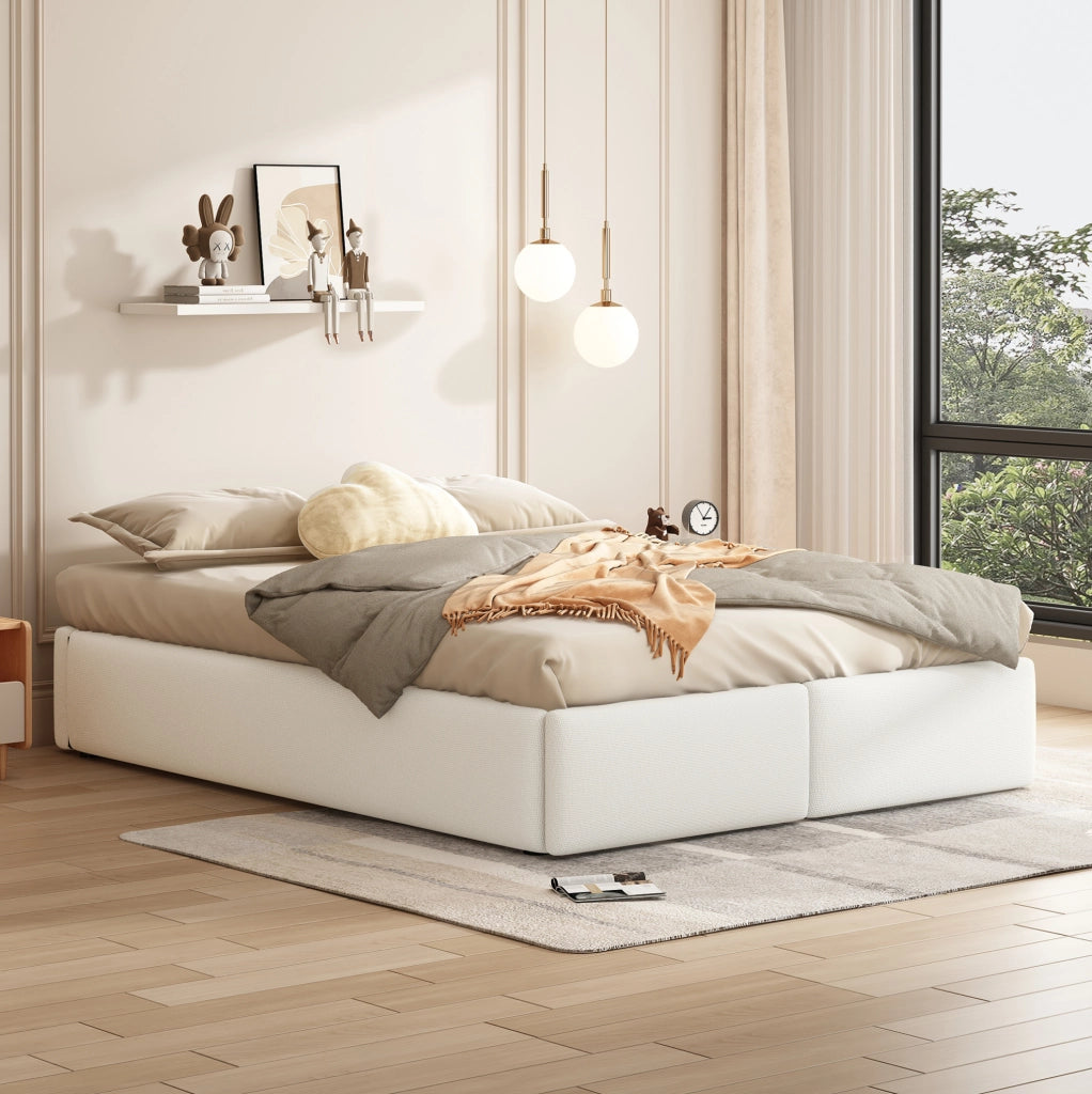 Letto imbottito 140x200 cm senza testiera con contenitore idraulico, 2 cassetti, bianco